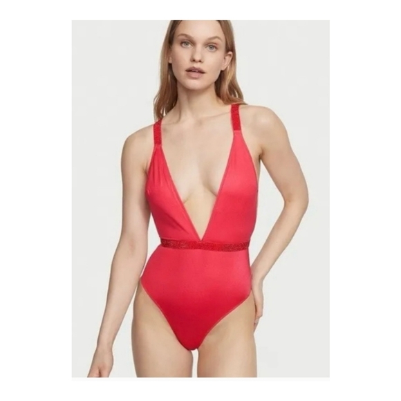 NWOT Victoria Secret Shine One-Piece Swimsuit Bling Red Large - Picture 2 of 4